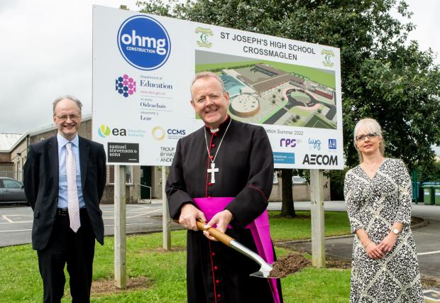 Sod cutting at St Joseph's HS, Crossmaglen with (ltr) Education Minister Peter Weir, Archbishop Eamon Martin and School Principal Marie Millar