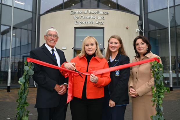 Education Minister Michelle McIlveen pictured with Past Chair of Governors, John Stewart, Head Girl, Ava McAleese and Principal, Jacqui O’Neill