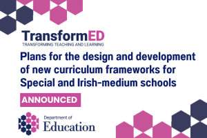 Illustrated graphic with added text "Plans for the design and development of new curriculum frameworks for Special and Irish-medium schools"
