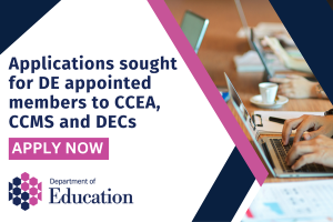 Illustrated graphics that says - Applications sought for DE appointed members to CCEA, CCMS and DECS.