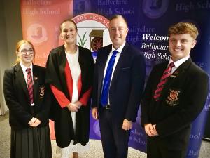 Education Minister Paul Givan joins Principal Dr Michelle Rainey, Head Girl Maisie and Head Boy Adam at Ballyclare High School to announce that three post-primary school projects are moving forward to the design and planning stage.