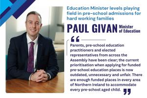 Illustrated graphic that says - Parents, pre-school education practitioners and elected representatives from across the Assembly have been clear; the current prioritisation when applying for funded pre-school education places is now outdated, unnecessary and unfair. There are enough funded places in every area of Northern Ireland to accommodate every pre-school aged child