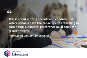 Illustrated graphic that says - This is about putting parents and children first. Where schools have the capacity and are willing to admit pupils, parental preference must carry far greater weight.