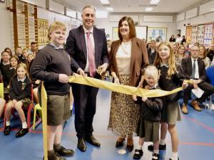 Education Minister is pictured at Killyman Primary School with Principal, Deborah Mitchell and pupils.