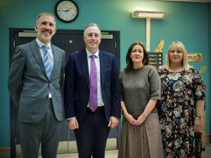 Image of Education Minister Paul Givan pictured at Roddensvale School with Principal Mr John Madden MBE, BEM, Co-Principal Mrs Heather Stewart and Chair of the Board of Governors, Mrs Maeve Maxwell.