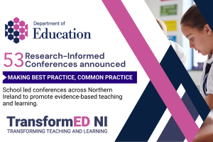 Illustrated graphic with added text "53 Research-Informed Conferences ANNOUNCED. Making Best Practice, Common Practice. School led conferences across Northern Ireland to promote evidence-based teaching and learning.