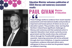 Illustrated graphic that says - These findings reinforce evidence from recent teacher assessments and international studies and provide an important and honest picture of where we are as an education system. They provide a clear warning that Northern Ireland faces significant challenges in literacy and numeracy and that sustained action is required. Education must remain a priority across government and the results show why continued reform through the TransformED programme is essential. Improving outcomes.