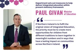 Illustrated graphics that says - If Northern Ireland is to fulfil the original vision of Integrated Education, the priority must be to create more opportunities for children from different traditions to learn together in meaningful numbers and in ways that have a lasting impact on communities across Northern Ireland.
