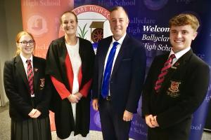 Education Minister Paul Givan joins Principal Dr Michelle Rainey, Head Girl Maisie and Head Boy Adam at Ballyclare High School to announce that three post-primary school projects are moving forward to the design and planning stage.