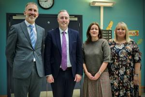 Image of Education Minister Paul Givan pictured at Roddensvale School with Principal Mr John Madden MBE, BEM, Co-Principal Mrs Heather Stewart and Chair of the Board of Governors, Mrs Maeve Maxwell.